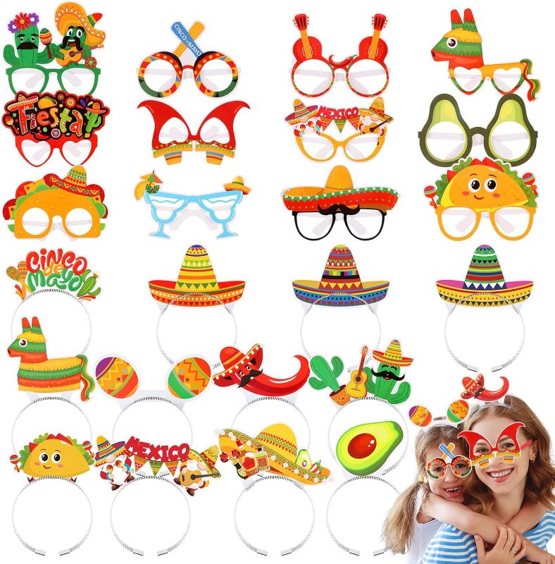 Photo 1 of  24 Pcs Mexican Cinco De Mayo Party Supplies Mexican Cardboard Sombrero Headbands and Paper Glasses Fiesta Cactus Avocados Chili Eyeglasses for Fiesta Party Favors Costume Accessories Decorations