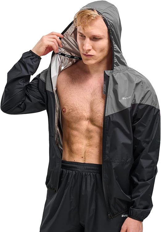 Photo 1 of Sauna Suit for Men Zipper Sweat Suits with Hood Sauna Jacket Pants Gym Workout Full Body