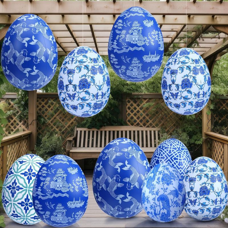 Photo 1 of 12 Pcs 16'' 24'' Inflatable Easter Eggs Decorations Chinoiserie Easter Inflatables Outdoor Decor Large PVC Blue White Inflatables Easter Eggs Hanging Ornaments for Yard, Lawn, Garden(16", 24")