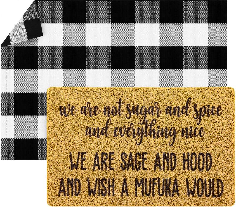 Photo 1 of 2 Pcs Welcome Doormat We are Not Sugar and Spice and Everything Nice We are Sage and Hood Black and White Checkered Doormat Funny Doormat Go Away Mat with Rubber Non Slip Backing Rug