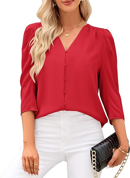 Photo 1 of Womens Tops Dressy Casual Work Blouses 3/4 Puff Sleeves Dress Shirts Elegant Business Office Outfit Size S 
