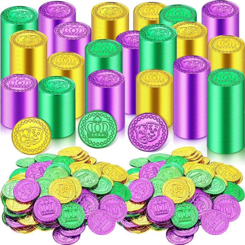 Photo 1 of Mardi Gras Plastic Coins Mardi Gras Throws for Parades Bulk Mardi Gras Party Favors Fake Purple Green Gold Coins Mardi Gras Decorations Doubloons for Carnival Pirate Hunting Game Supplies (400 Pcs)