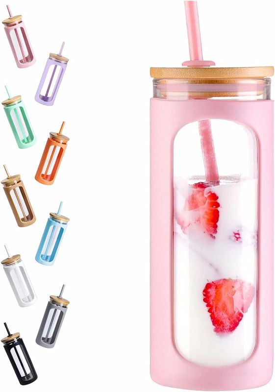 Photo 1 of 20oz Glass Water Tumble with Straw and Lid,Bamboo Lids Water Bottle, Iced Coffee Cup Reusable, Wide Mouth Smoothie Cups, Straw Silicone Protective Sleeve BPA FREE-Pink