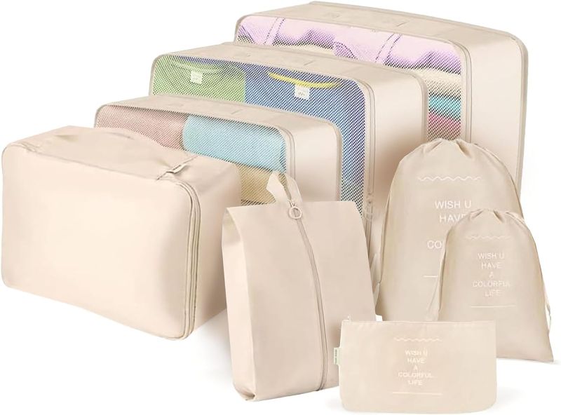 Photo 1 of  7 Set Packing Cubes Luggage Organizer with Zipper for Packing Suitcase Travel Packing Organizers for Clothes and Shoes with Laundry bags (Beige)