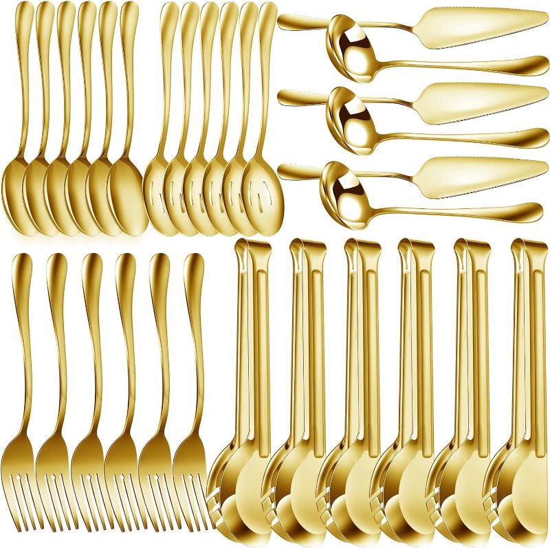Photo 1 of 30 Pcs Stainless Steel Serving Utensils Set Serving Flatware Set Include Large Serving Spoons Slotted Spoons Serving Forks Soup Ladle Pie Server and Serving Tongs for Buffet Party (Gold)