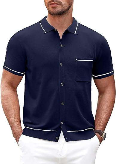 Photo 1 of  Mens Polo Shirts - Casual Short Sleeve Knit V-Neck Collared Button Shirts Classic Vintage Golf Shirt with Pocket