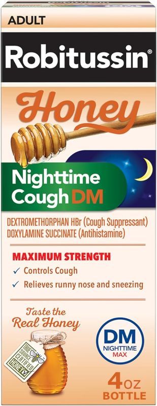 Photo 1 of Robitussin Honey Nighttime Cough DM Max - Controls Cough, Runny Nose and Sneezing - Adult Formula, 4 Fl Oz
