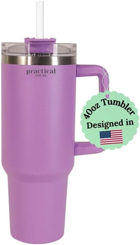 Photo 1 of 40 oz Tumbler with Handle and Straw Lid | Reusable Stainless Steel Water Bottle Travel Mug Cupholder Friendly | Mother's Day Gifts for Women Men Him Her | Lavender Purple, 40oz
