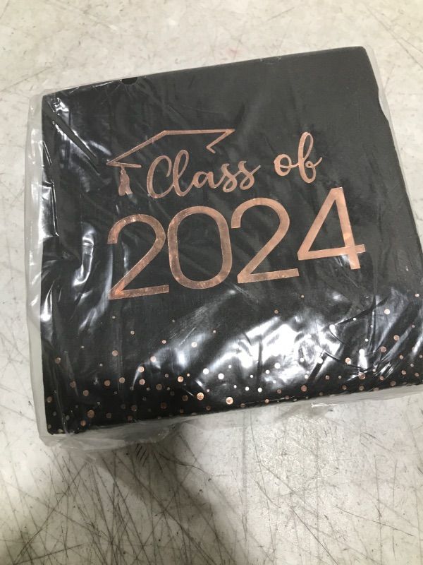 Photo 2 of 100Pcs Class of 2024 Graduation Napkins, Disposable Congrats Grad Paper Cocktail Napkins Square Foil Dot Hand Towels for 2024 School University College Graduation Party Decorations?Black Rosegold? Black Rosegold 100pcs