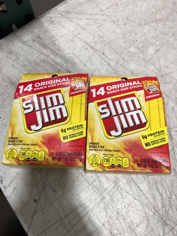 Photo 2 of 2 Pack -Slim Jim Snack Sized Original Smoked Snack Stick, Easy, On-the-Go School, Work and Travel Snacks, 0.28 OZ Meat Snacks, 14 Count
