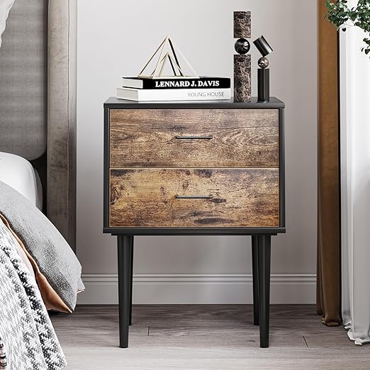Photo 1 of Rustic Black & Brown Nightstand with Drawers, 26 Inch Tall Night Stand with 2 Drawers, Modern Bedside Table, Wood Grain End Table for Bedroom Living Room, Office, Bed Side Table, Vintage Style
