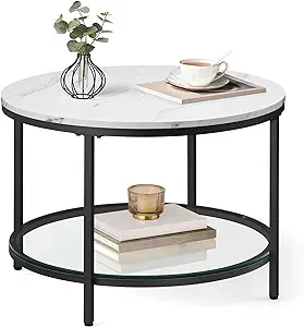 Photo 1 of Round Coffee Table, Small Coffee Table with Faux Marble Top and Glass Storage Shelf, 2-Tier Circle Coffee Table, Modern Center Table for Living Room, Marble White and Ink Black ULCT072W13