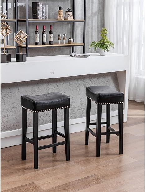 Photo 1 of 29" Counter Height Bar Stools Backless Leather Saddle Barstools with Solid Wood Legs for Kitchen (Set of 2) Grey Vintage Bi-cast 