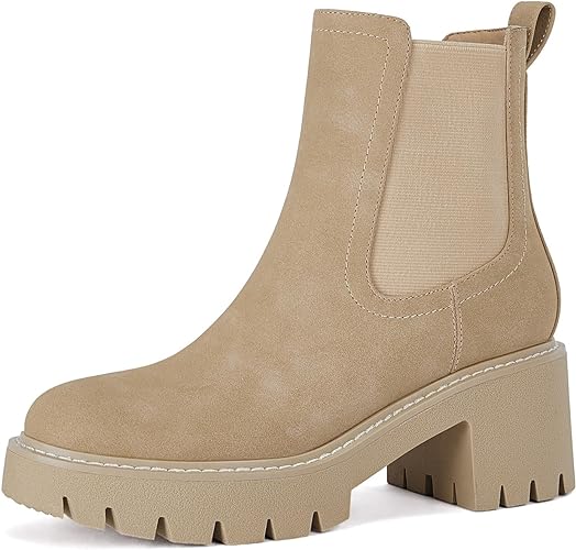 Photo 1 of Coutgo Women's Chelsea Ankle Boots Slip-on Mid Heel Booties for Women Faux Leather Elastic Work Shoes 5.5 Black