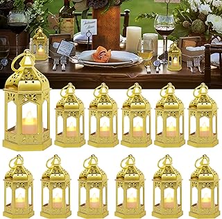 Photo 1 of SHYMERY 12 Pieces Mini Lantern with Flickering LED Candles, Batteries Included, Decorative Hanging Candle Lantern for Indoor Use, Wedding, Party, Table Centerpiece (Gold)
