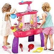 Photo 1 of HYES Water Table for Toddlers 1-3 3-5, 3-Tier Kids Splash Sand Table Water Toys, Rain Showers Splash Pond for Outdoor Beach Backyard Summer, Activity Sensory Play Table for Girls, Pink
