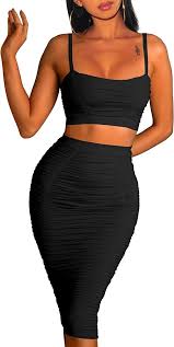 Photo 1 of GOKATOSAU Women's Sexy Cami Crop Top Casual Skirt 2 Piece Ruched Outfits Club Midi Dress Medium Red