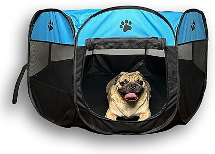 Photo 1 of Foldable Pet Playpen, Safe Indoor & Outdoor Fun for Dogs & Cats, Portable Pet Tent with Removable Top Shade Cover, Durable, Lightweight, Multiple Access Points - Light Blue, Black, Medium Size