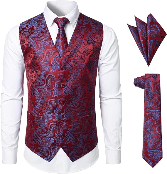 Photo 1 of JOGAL Men's 3pc Paisley Vest Necktie Pocket Square Set for Suit or Tuxedo