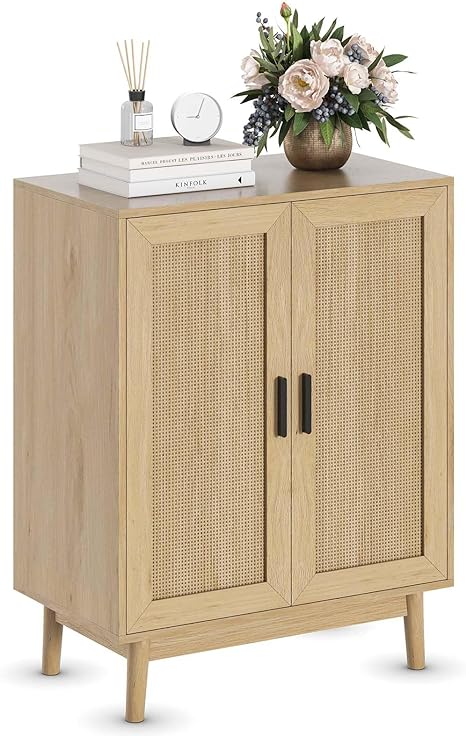 Photo 1 of  Buffet Cabinet with Storage Rattan Storage Cabinet Boho Sideboard Cabinet Adjustable Shelves Bathroom Cabinet Natural Rattan Kitchen Buffet Table for Indoor Outdoor (Oak-Wooden Legs, 1PCS)