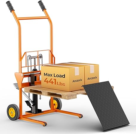 Photo 1 of Arczorix Hydraulic Material Lift Winch Stacker 441 Lbs 36” Max Lift with 9" Thick Rubber Wheels Removable Flat Bed 18.5" Thick Fork Arm, Pallet Truck Dolly Lift Table Fork Lift