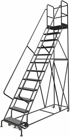 Photo 1 of 12-Step 20" Deep Top Steel Rolling Industrial & Warehouse Ladder with Handrails, 24" Wide Perforated Tread - Blue - Stock photo model slightly differs from actual item
