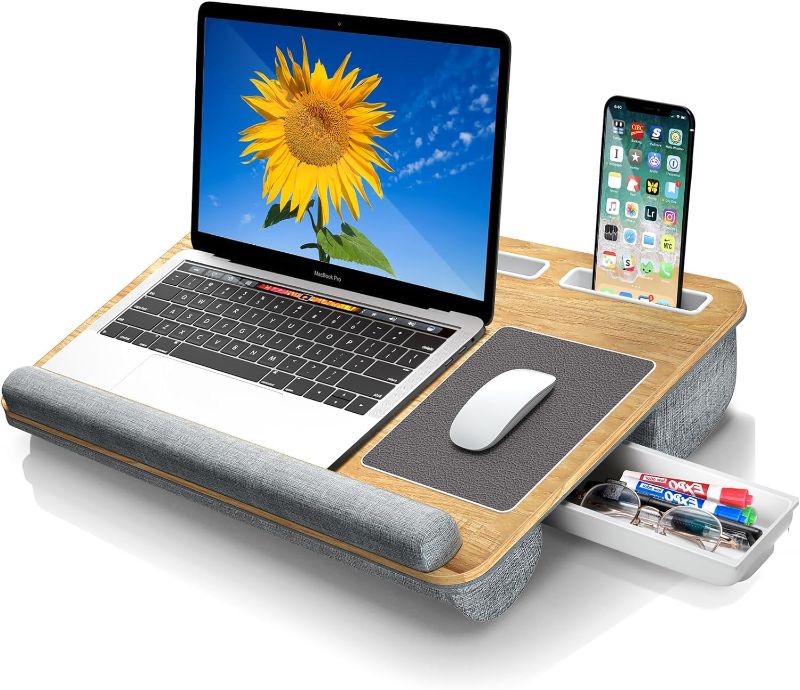 Photo 1 of Gimars Home Office Lap Desk Fits up to 17 Inches Laptop with Dual Cushion,Wrist Rest, Built-in Mouse Pad, Tablet Phone Holder and Storage Drawer, Grey
