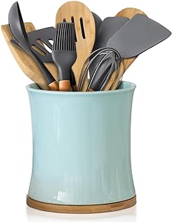 Photo 1 of Comfify Large Ceramic Kitchen Utensil Holder With Bamboo Base - Elegant Modern Turquoise Blue Decorative Crock for Countertop Organization - Organizer for Tools, Spatulas, Spoons & More
