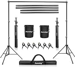 Photo 1 of Aureday Backdrop Stand, 10Ft Adjustable Photo Backdrop Stand Kit with 4 Crossbars, 6 Background Clamps, 2 Sandbags, and Carrying Bag for Parties/Wedding/Photography/Festival Decoration