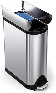Photo 1 of simplehuman 40 Liter / 10.6 Gallon Stainless Steel Dual Compartment Butterfly Lid Kitchen Step Trash Can Recycler, Brushed Stainless Steel & Custom Fit Drawstring Trash Bags, 60 Pack, White, 60 Pack 40 Liter Trash Can + Trash Bags