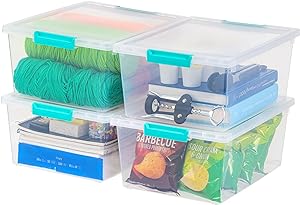 Photo 1 of IRIS USA 12 Qt. Large Deep Clip Box, 4 Pack, Clear Plastic Storage Container Bins with Latching Lids, Organizer Solution for Home, Office and Classroom, Stackable Nestable, Seafoam Blue Buckles Clear/Seafoam Blue 12 QT - 4 Pack
