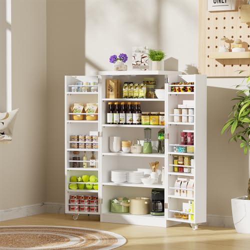 Photo 1 of ROOMTEC 47” Kitchen Pantry Storage Cabinet with Doors and Adjustable Shelves, Small Freestanding Cupboard White Food Pantry for Kitchen Living Room