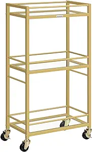 Photo 1 of MAHANCRIS Bar Cart for The Home, Home Bar Serving Cart, Gold Bar Cart with 3-Tier Glass Shelf, Wine Holders, Glass Holder, Mini Bar Cart for Small Space, Kitchen, Dining Room, Gold RCJ40B01