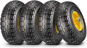 Photo 1 of 10" Flat Free Tires Solid Rubber Tyre Wheels?4.10/3.50-4 Air Less Tires Wheels with 5/8" Center Bearings?for Hand Truck/Trolley/Garden Utility Wagon Cart/Lawn Mower/Wheelbarrow/Generator?4 Pack, Black 12.4 Pounds Black