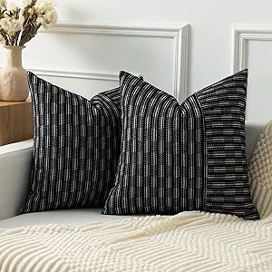 Photo 1 of 2 Packs Decorative Cotton Throw Pillow Covers,striped black Plaid 18 x 18 Inch Square Reversible Soft Cushion Case for Couch Bedroom Sofa Living Room Chair Car
