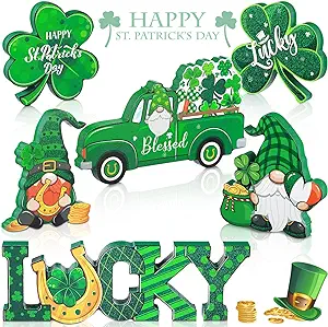 Photo 1 of  St. Patrick's Day Table Sign Decoration Happy Irish Lucky Table Centerpiece Signs Shamrock Gnome Wood Sign Leprechaun Table Decorations Signs for St Patrick's Day Home Party