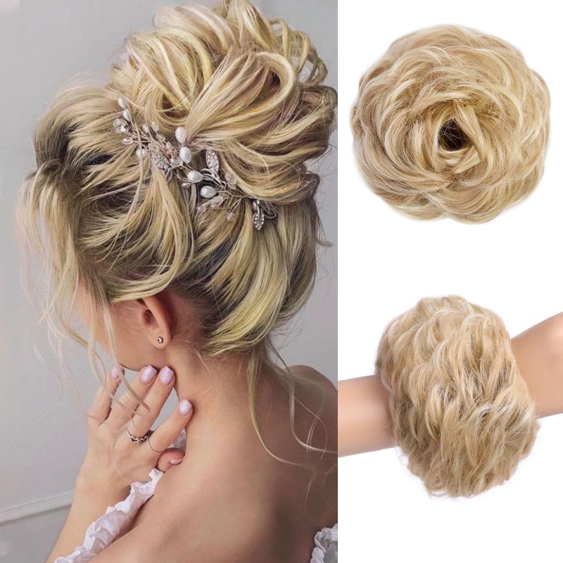 Photo 1 of HAIRCUBE 2PCS Messy Bun Hair Piece Messy Hair Bun Scrunchies for Women Wavy Curly Chignon Ponytail Hair Extensions Synthetic Thick Tousled Updo Bun (Light Golden Blonde & Bleach Blonde Mixed) 6 Inch  Light Golden Blonde & Bleach Blonde Mixed