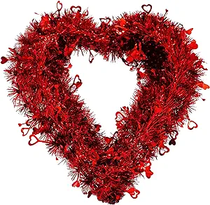 Photo 1 of 14" Valentines Wreath for Front Door, Tinsel Heart Wreath for Indoor Outdoor Decorations, Valentines Day Heart Shaped Wreath Sign Wall Hanging Decor by 4E's Novelty