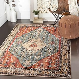 Photo 2 of Lahome Boho Tribal Area Rug - 3x5 Distressed Entry Throw Rug Bohemian Faux Wool Indoor Accent Rug Non-Slip Washable Low-Pile Carpet for Entrance Living Room Bedroom Dining Table