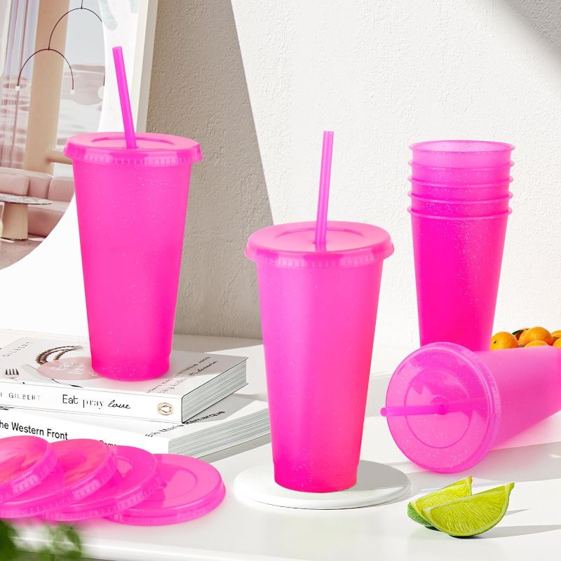 Photo 1 of 12 Pieces Reusable Cups with Lids and Straws, 24 oz Glitter Plastic Tumbler Iced Coffee Cups Travel Mug Cup for Birthday Party, Smoothie Juices Beach Party, Bachelor Party (Hot Pink)---MISSING LIDS