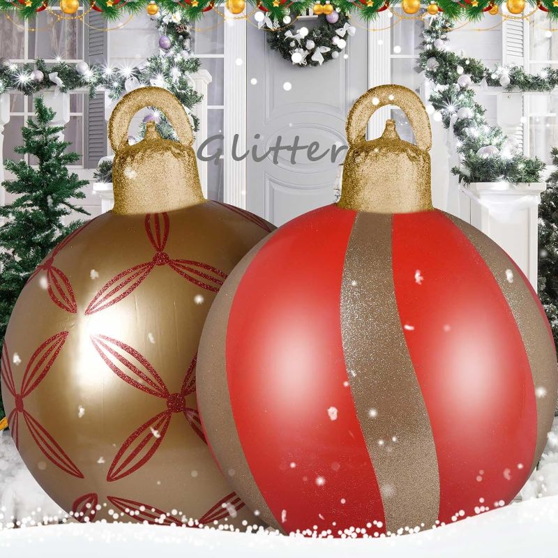 Photo 1 of Jetec 2 Pcs 18 Inch Giant Christmas Inflatable Print Balls Christmas Inflatable Ornaments Outdoor Large Glitter Inflatable Decorated Ball PVC Xmas Blow up Balls for Lawn Yard Home Decor (Cute) 