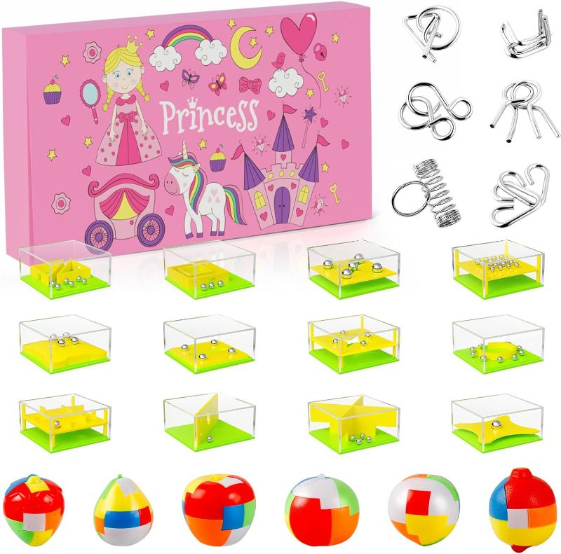 Photo 1 of 3 Pack Christmas Advent Calendar - 24-Piece Puzzle Solving Calendar with 12 Balancing Maze Games, 6 Metallic Wire, and 6 Plastic Puzzles - Challenging Countdown for Kids and Adults (Pink)