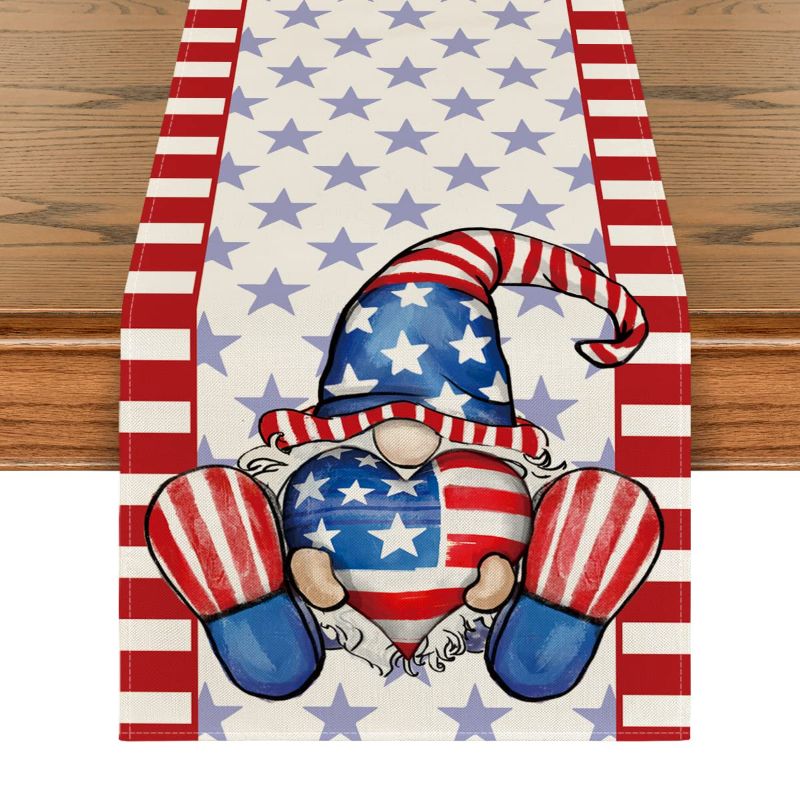 Photo 1 of 2 Pack Artoid Mode Stripes Heart Stars Gnome 4th of July Patriotic Memorial Day Table Runner, Independence Day Holiday Kitchen Dining Table Decor for Indoor Outdoor Home Party Decoration 13 x 72 Inch 13" x 72", Table Runner Red