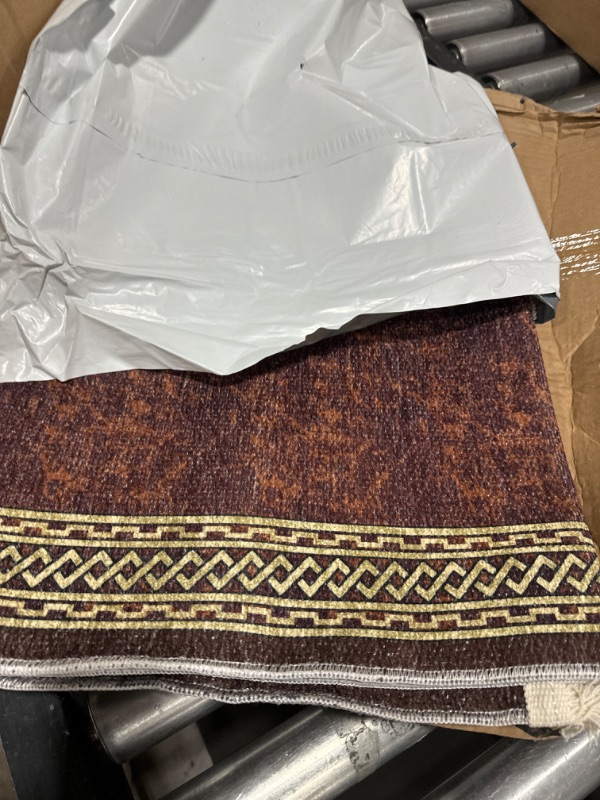 Photo 1 of Machine Washable Wrinkle Free Border Design Cotton 2x5 Traditional Flatweave Runner Rug for Hallway, Entryway, Kitchen, Living Room, Bedroom, Bathroom, 20" x 59", Redish Brown Runner - 20" x 59" Border Brown/Gold