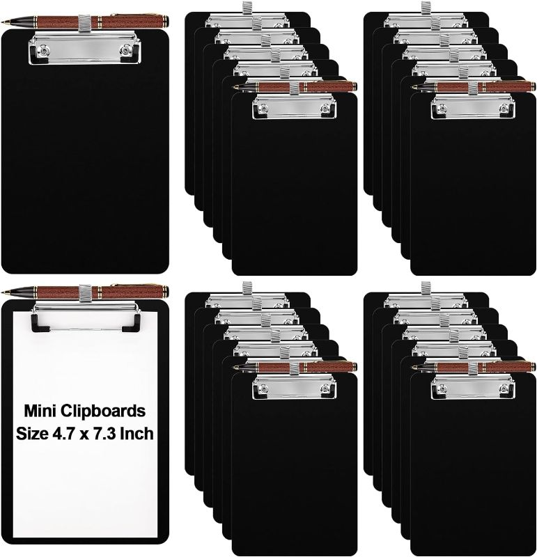 Photo 1 of 24 Pcs Small Clipboards Mini A6 Clipboard with Pen Holder Clip 4.7 x 7.3 Inch Black Cute Memo Clipboard Pocket Plastic Clipboard Notepads Menu Holder for School Office Hotel, Pen Not Included
