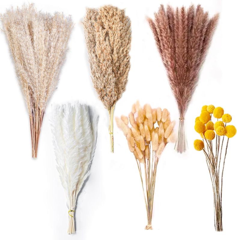 Photo 1 of 100PCS Natural Dried Pampas Grass Decor - 17.5" Fluffy Pampas Grass Bouquet - Boho Home Decor Dried Flowers for Wedding Floral Room Home Party Table Decorations
