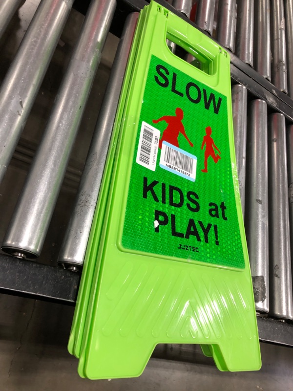 Photo 1 of Juztec Kids at Play Signs For Street Children at Play Safety Signs For Street Slow Down Signs For Neighborhoods Kids Playing Reflective Caution Sign (2 Pack) Green2