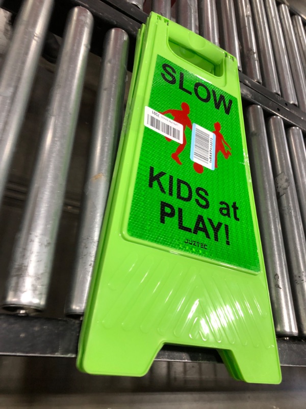 Photo 2 of Juztec Kids at Play Signs For Street Children at Play Safety Signs For Street Slow Down Signs For Neighborhoods Kids Playing Reflective Caution Sign (2 Pack) Green2