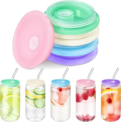 Photo 1 of 10 Pack Acrylic Glass Cups Lids 16 oz Mason Jars Lids with Straw Hole and Silicone Ring Reusable Replace Bamboo Lids Iced Coffee Cup Beer Can for Smoothie Boba Soda Tea Gift, Candy Color