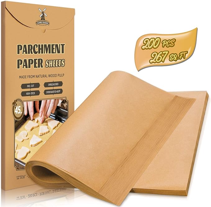 Photo 1 of 200 Pcs Unbleached Parchment Paper Baking Sheets, 12 x 16 Inch, Precut Non-Stick Parchment Sheets for Baking, Cooking, Grilling, Air Fryer and Steaming - Unbleached, Fit for Half Sheet Pans 